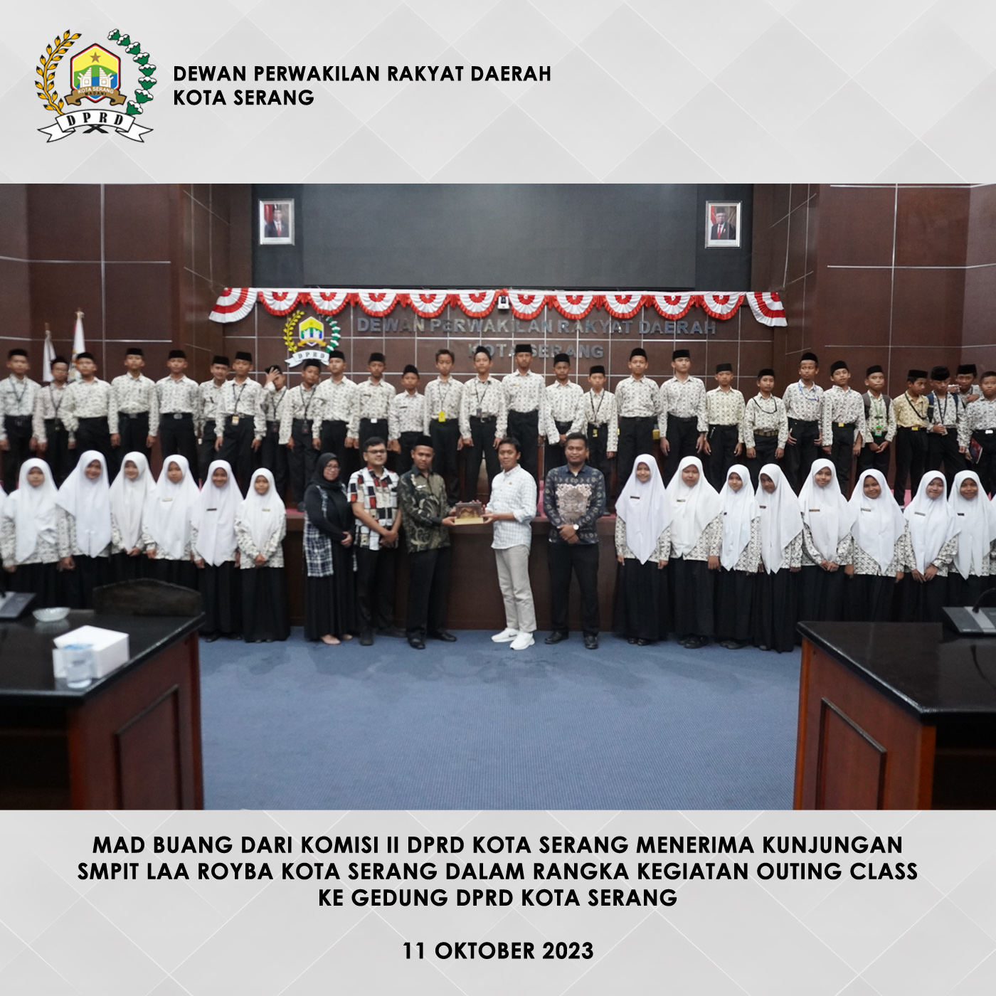 11 Oktober 2023 - Komisi II DPRD Kota Serang terima kunjungan SMPIT Laa Royba Kota Serang sebagai bagian dari kegiatan Outing Class ke Gedung DPRD Kota Serang